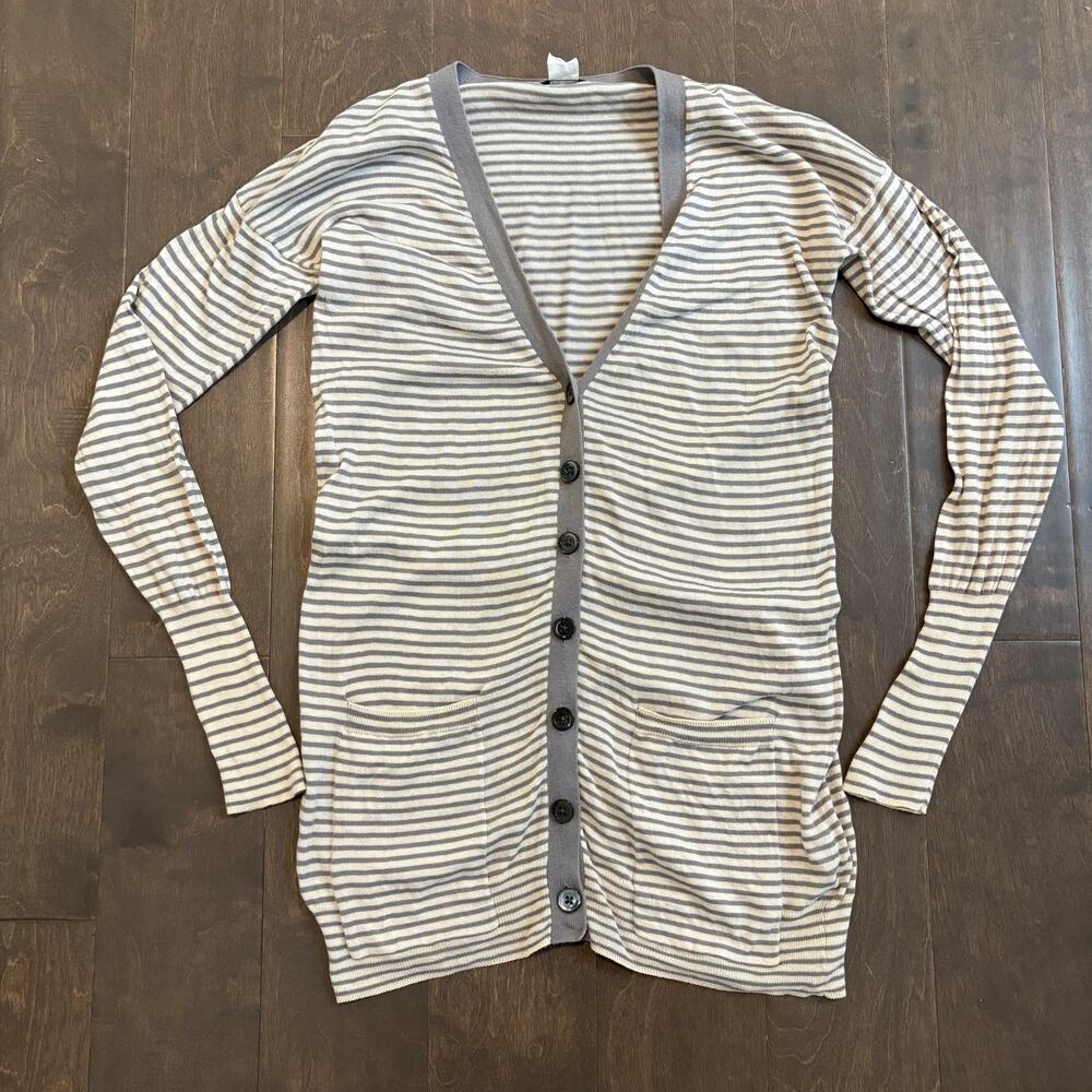 J‎ Crew Cardigan Sweater Womens Small Gray Cream Striped Button Front Pockets
